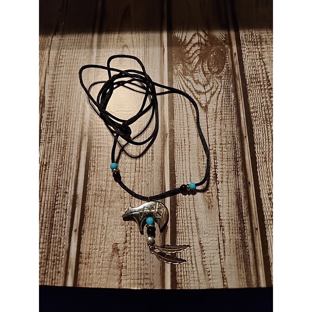 Southwestern-style Necklace W/ a Silver Tone Bear Pendant And Dangling Feathers